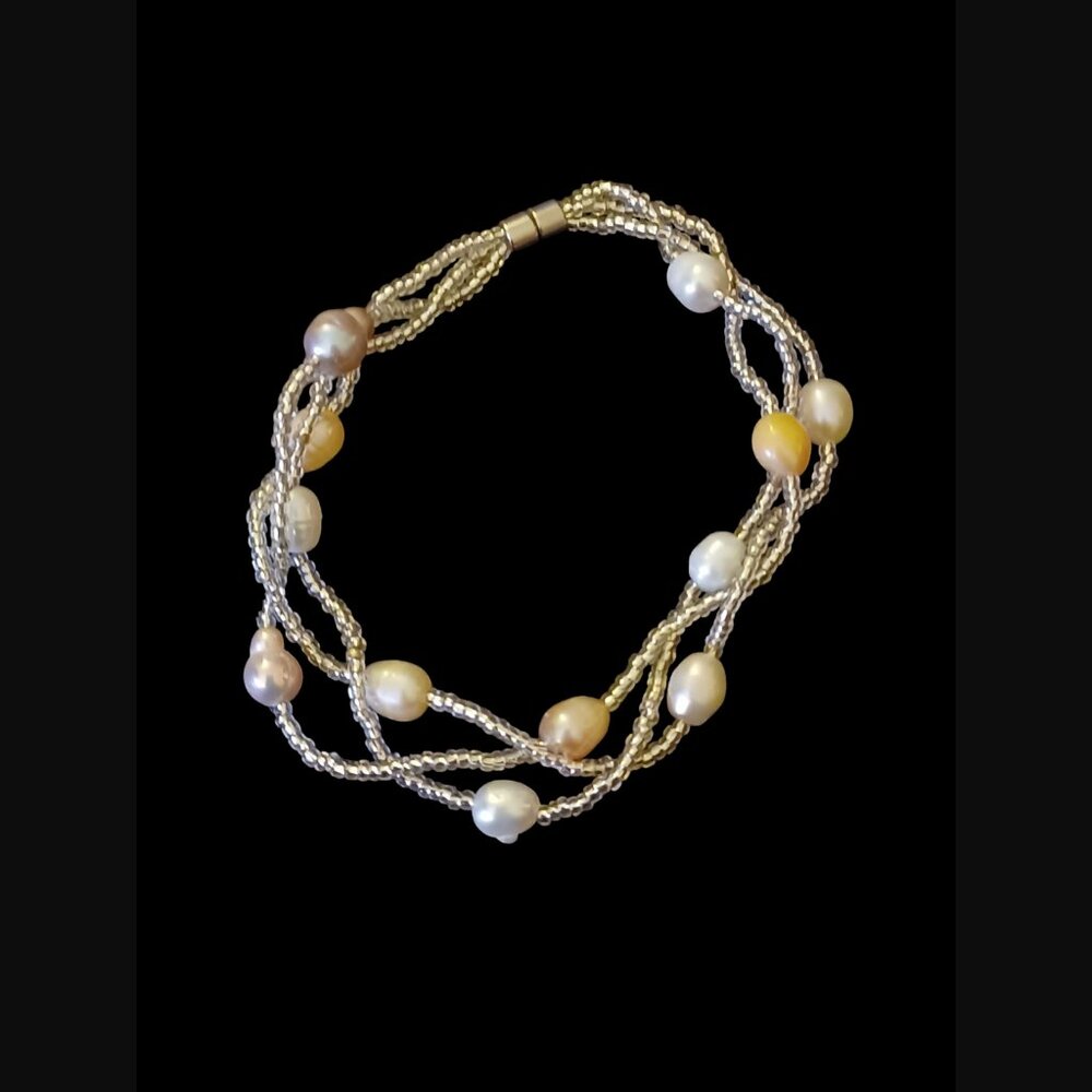 Natural Pearl Seed Bead 18" Long Triple Strand Magnetic Necklace